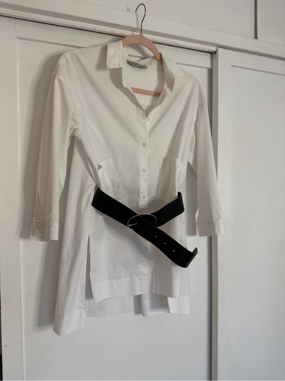 White Button-Front Tunic Shirt with Black Belt